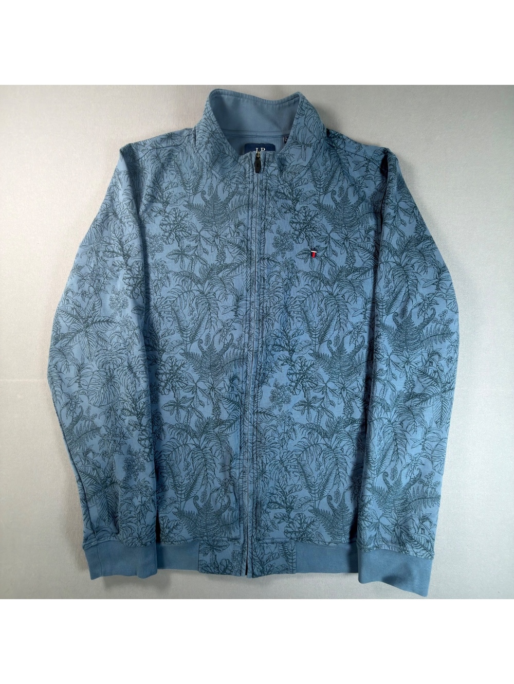 Louis Philippe LP Full Zip Mock Neck Sweatshirt Gray Tropical Print Mens L
